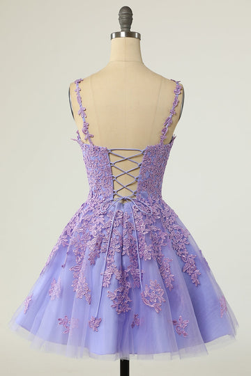 Purple Short V-Neck Fit-and-Flare Cocktail Dress Lace Up Back